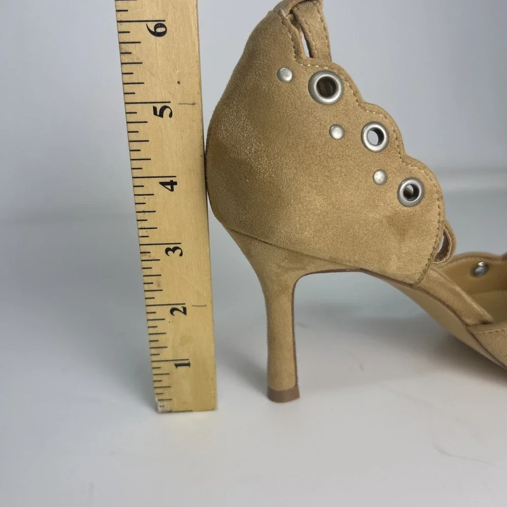 Coutgo Nude Suede Eyelet Bow Stiletto Heels Pointed Toe‎ Ankle Strap Size 8 NWB